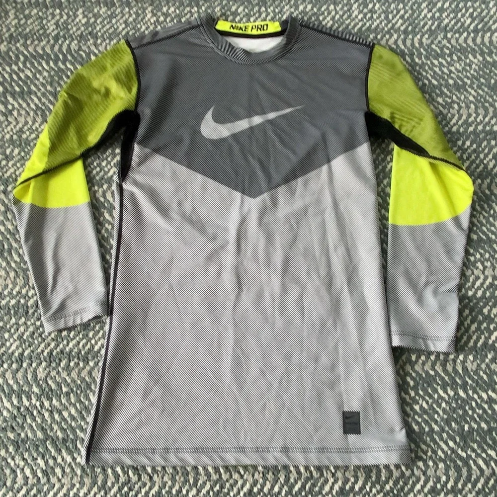 Nike Pro Dri-FIT Shirt Mens XL Gray Volt Long Sleeve Compression Top 839105-702